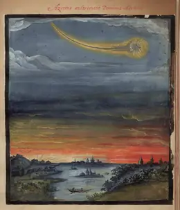 Cometa dorado sobre un paisaje al atardecer, Kometenbuch, 1587